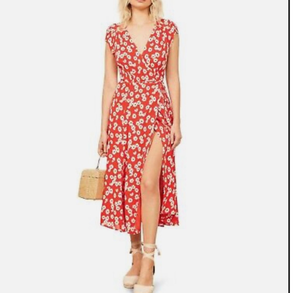 REFORMATION Oopsie Daisy Floral CARINA Georgette True Wrap Tie Midi Dress XS